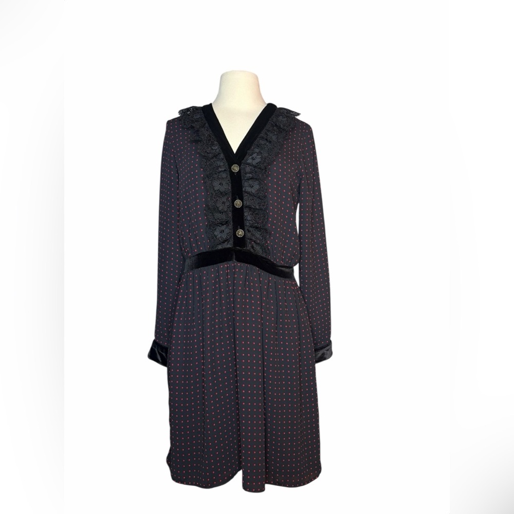 The Kooples Black Long Sleeve Dress Polka Dot Lace Ruffle Velvet